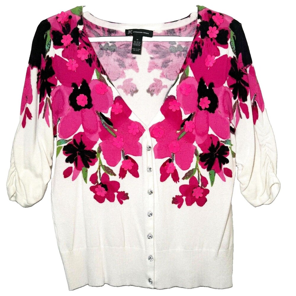INC International Concepts Rain Floral Cardigan M Pink White Embellished Sweater